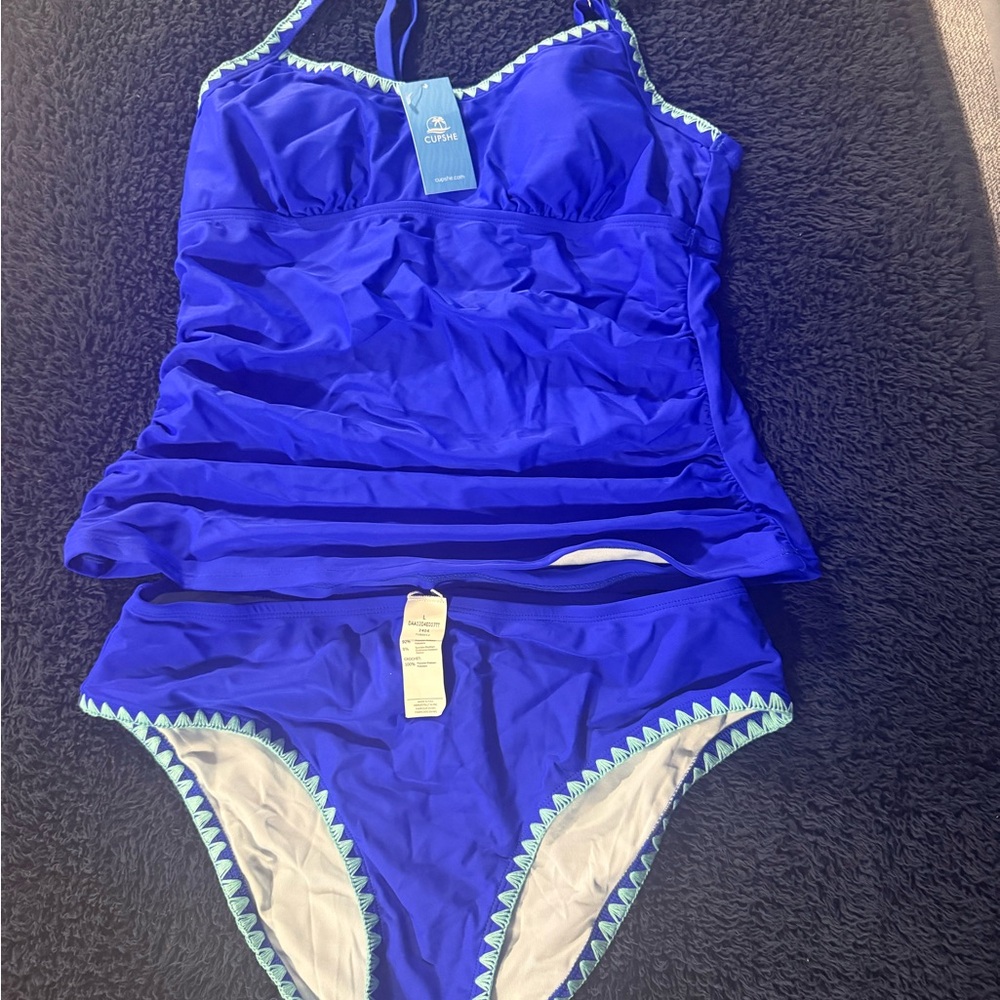 Blue Tankini with White Trim
